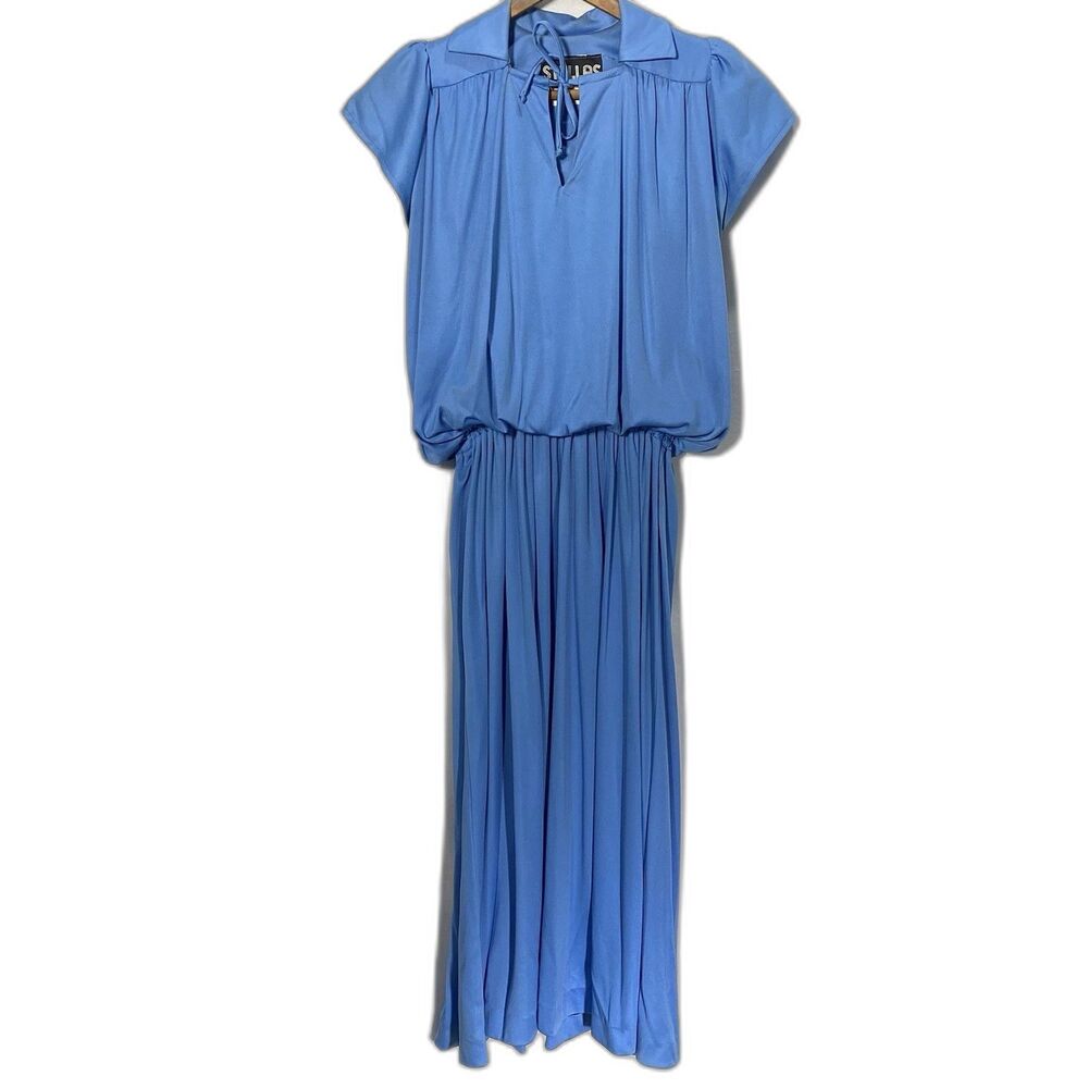 Vintage 70s Stellas Midi Dress Women 3 Elastic Waist Flutter Sleeve Retro Blue